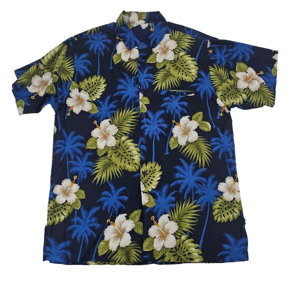 Vintage Blue Hibiscus Hawaiian Aloha Shirt Men's Size L 3504 - Picture 1 of 6